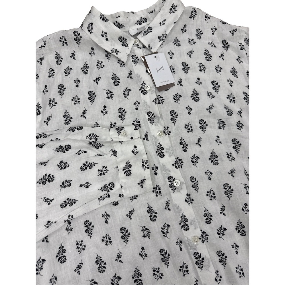 J. Jill Shirt Women's XL 100% Linen White Black Floral Long Sleeve Casual NWT
